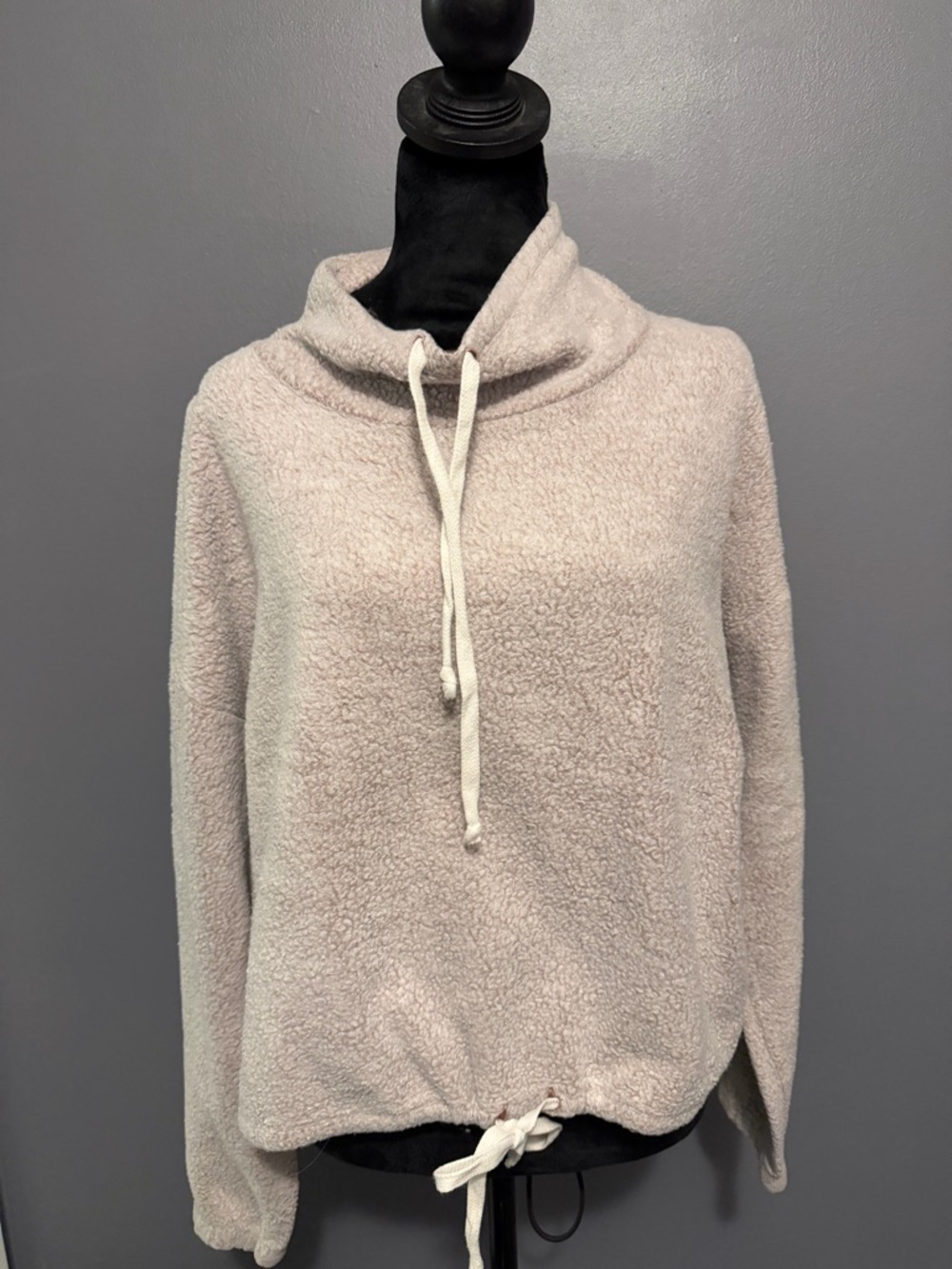 Plush Funnel Neck Drawstring Pullover Hoodie - Light Taupe